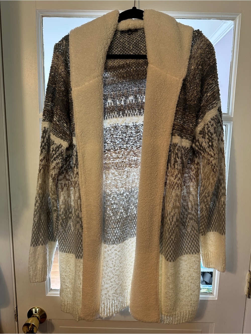 Lety & Me Open-Front Knit Hooded Cardigan with Sherpa Trim in Neutral Tones (XL)